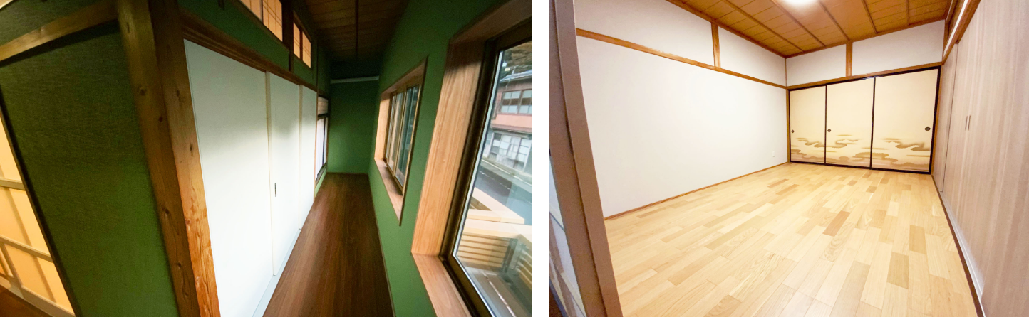 緑の壁と廊下/和室の広間とふすま